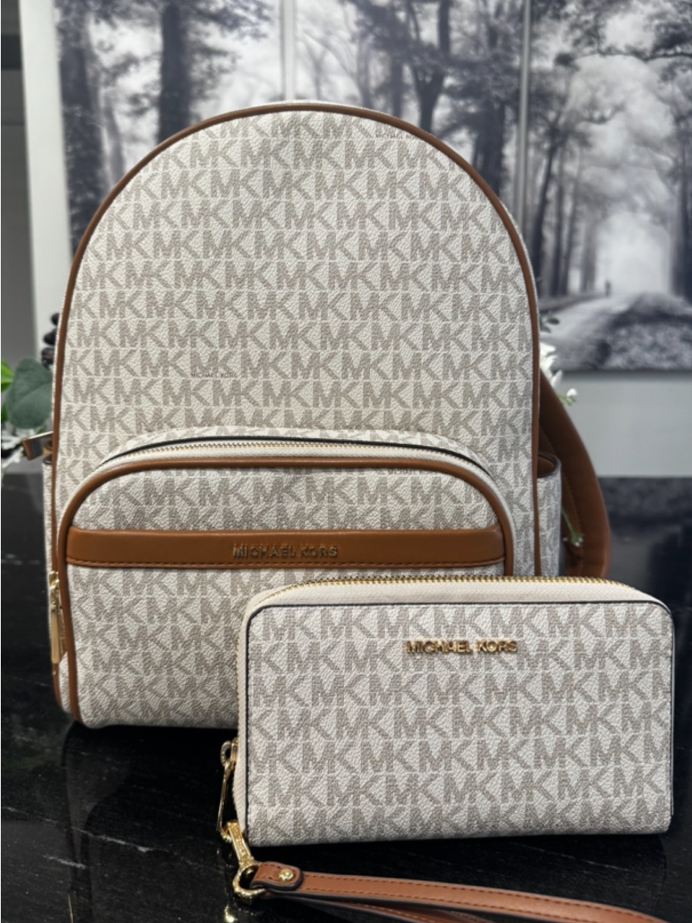 Michael Kors Bex Signature Backpack with matching JetSet Wallet -Vanilla/Acorn